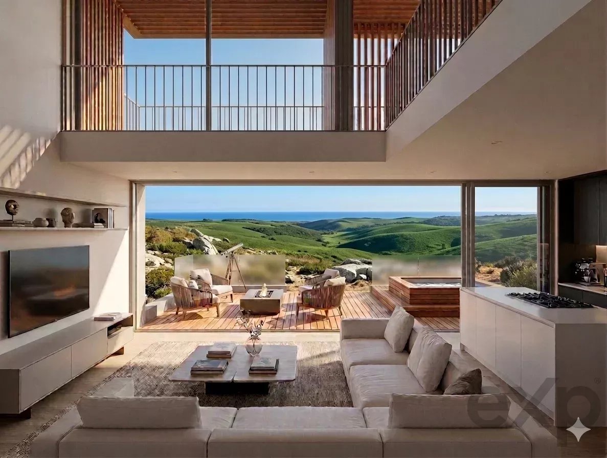 Open-concept living room with white sofas facing a large glass wall that opens to a sunny outdoor deck and rolling green hills beyond the sea view.