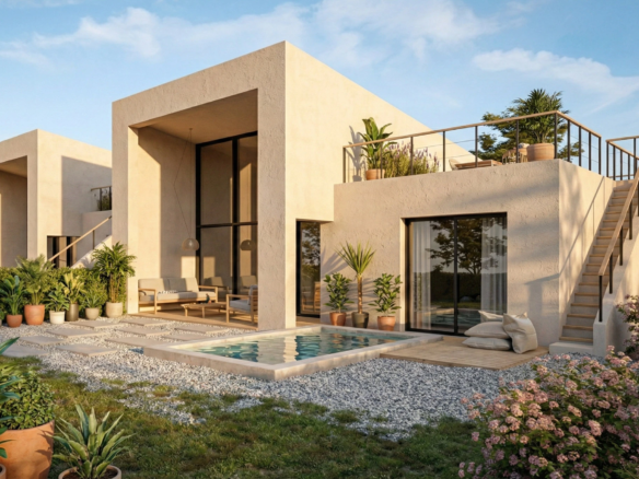 Modern beige villa with glass walls, outdoor seating, and a rectangular pool in a landscaped yard.