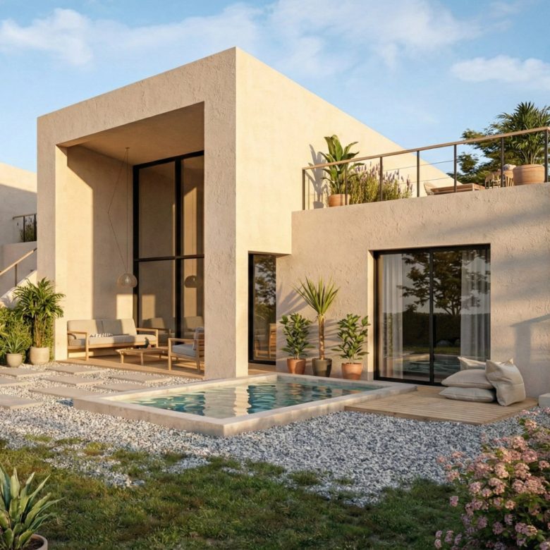 Modern beige villa with glass walls, outdoor seating, and a rectangular pool in a landscaped yard.