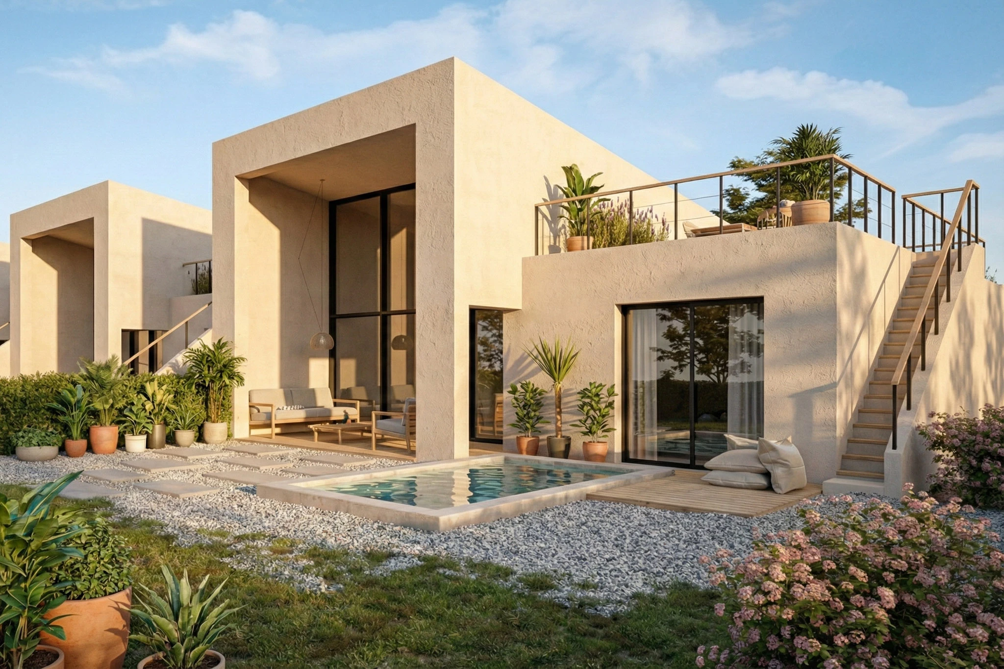 Modern beige villa with glass walls, outdoor seating, and a rectangular pool in a landscaped yard.