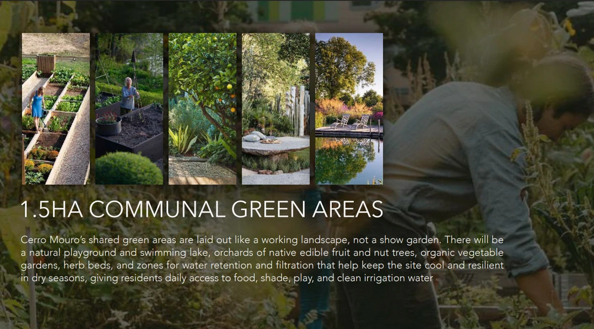 Overview of Cerro Mouro's 1.5 ha communal green spaces: raised beds, orchard, pond, seating area, and people gardening.