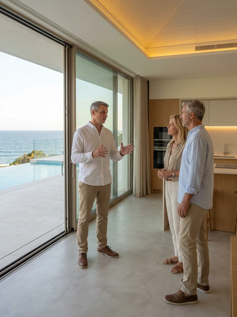 Man in a white shirt explaining features to a couple in a modern kitchen with large glass doors and an ocean view outside.