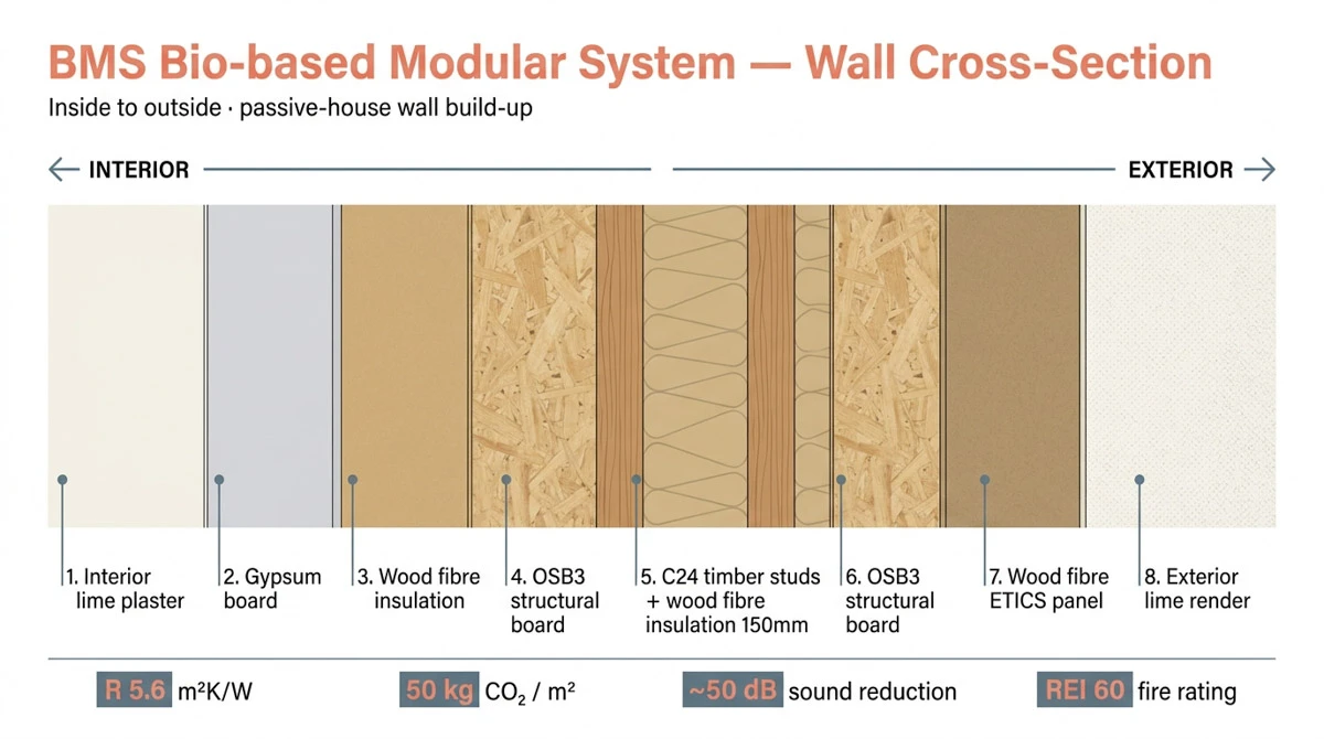 Cross-section of a bio-based modular wall from interior to exterior showing eight layers: 1 interior lime plaster, 2 gypsum board, 3 wood fibre insulation, 4 OSB3 structural board, 5 C24 timber studs with 150mm wood fibre insulation, 6 OSB3 structural board, 7 wood fibre ETICS panel, 8 exterior lime render. Performance indicators at bottom: R 5.6 m2K/W, 50 kg CO2/m2, ~50 dB sound reduction, REI 60 fire rating.