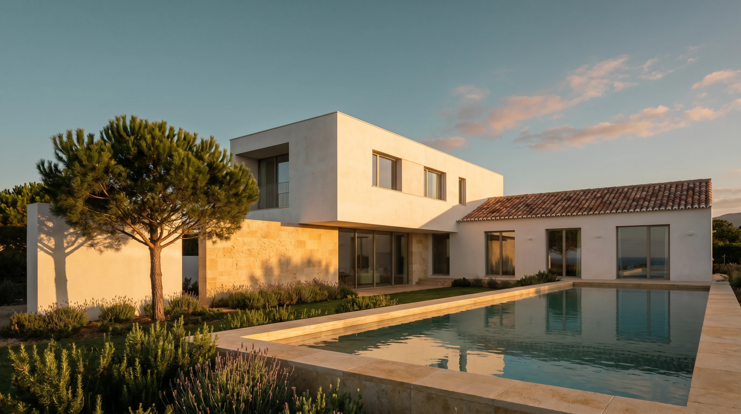 Zeitgenössische weiß getünchte Villa an der Westalgarve mit Infinity-Pool zur goldenen Stunde - Illustration der Baukosten einer Villa 2026 in Lagos, Portugal