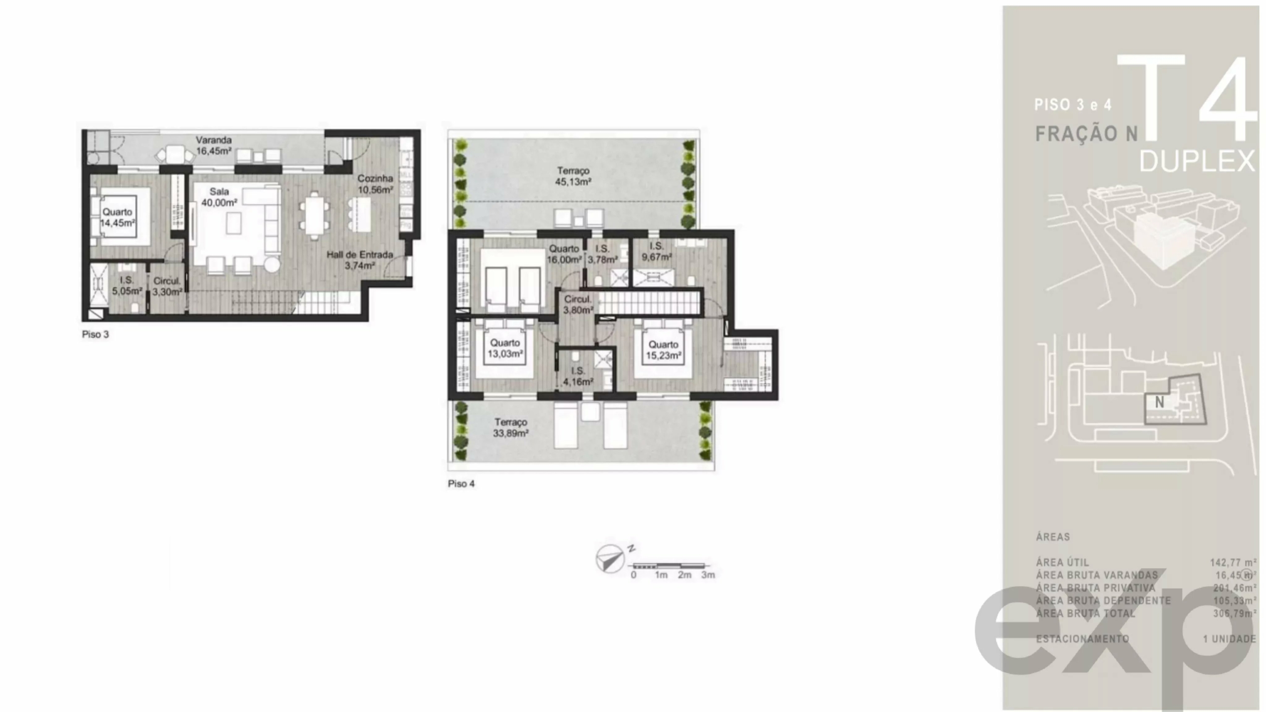 Duplex apartment floor plan: level 3 with living room, kitchen, entrance hall, veranda and a bedroom with bathrooms; level 4 with bedrooms and a large terrace.