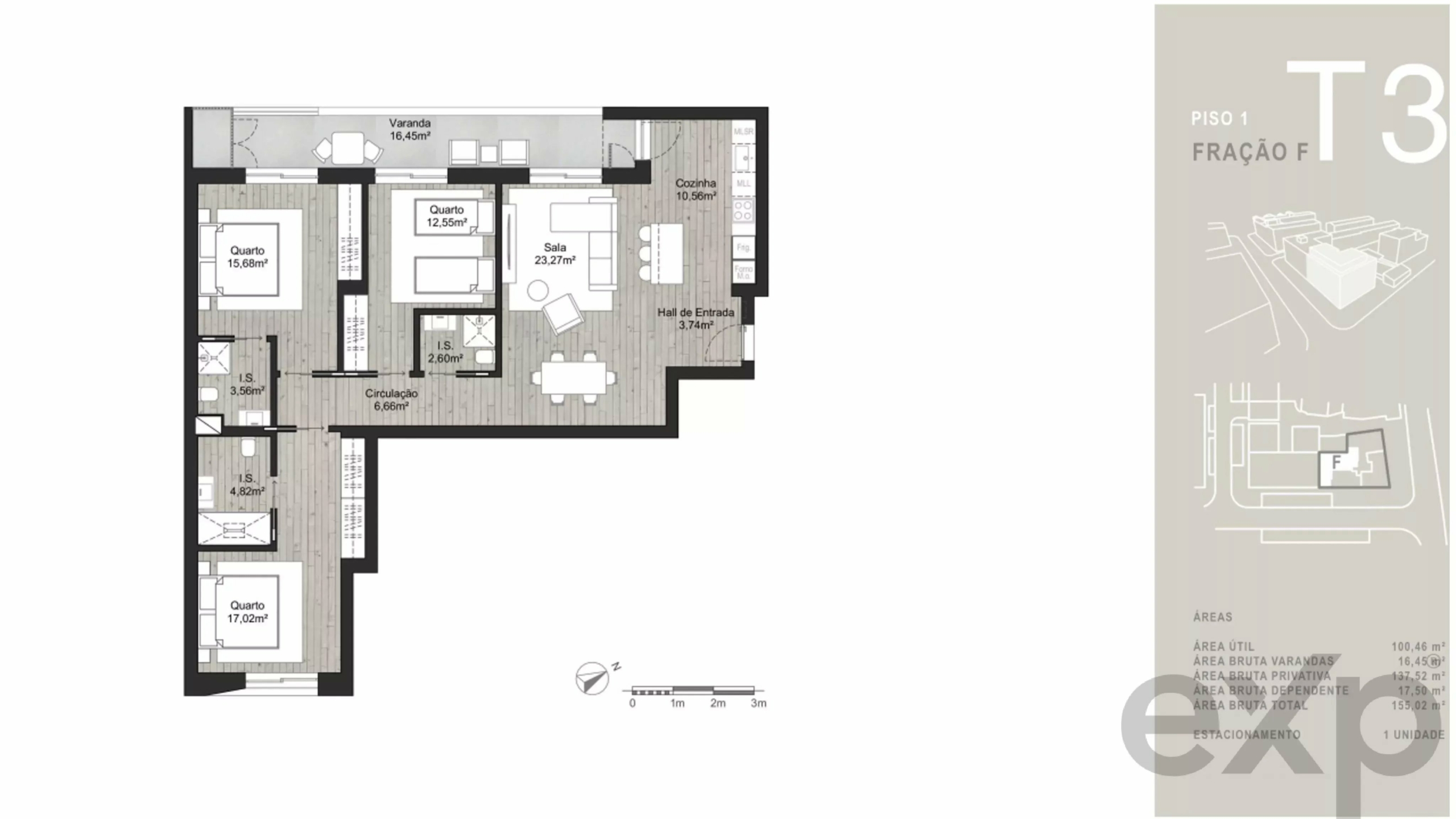 Planta baixa de apartamento com varanda, sala integrada à cozinha, hall de entrada, circulação, três/quatro quartos, banheiros e área de serviço.