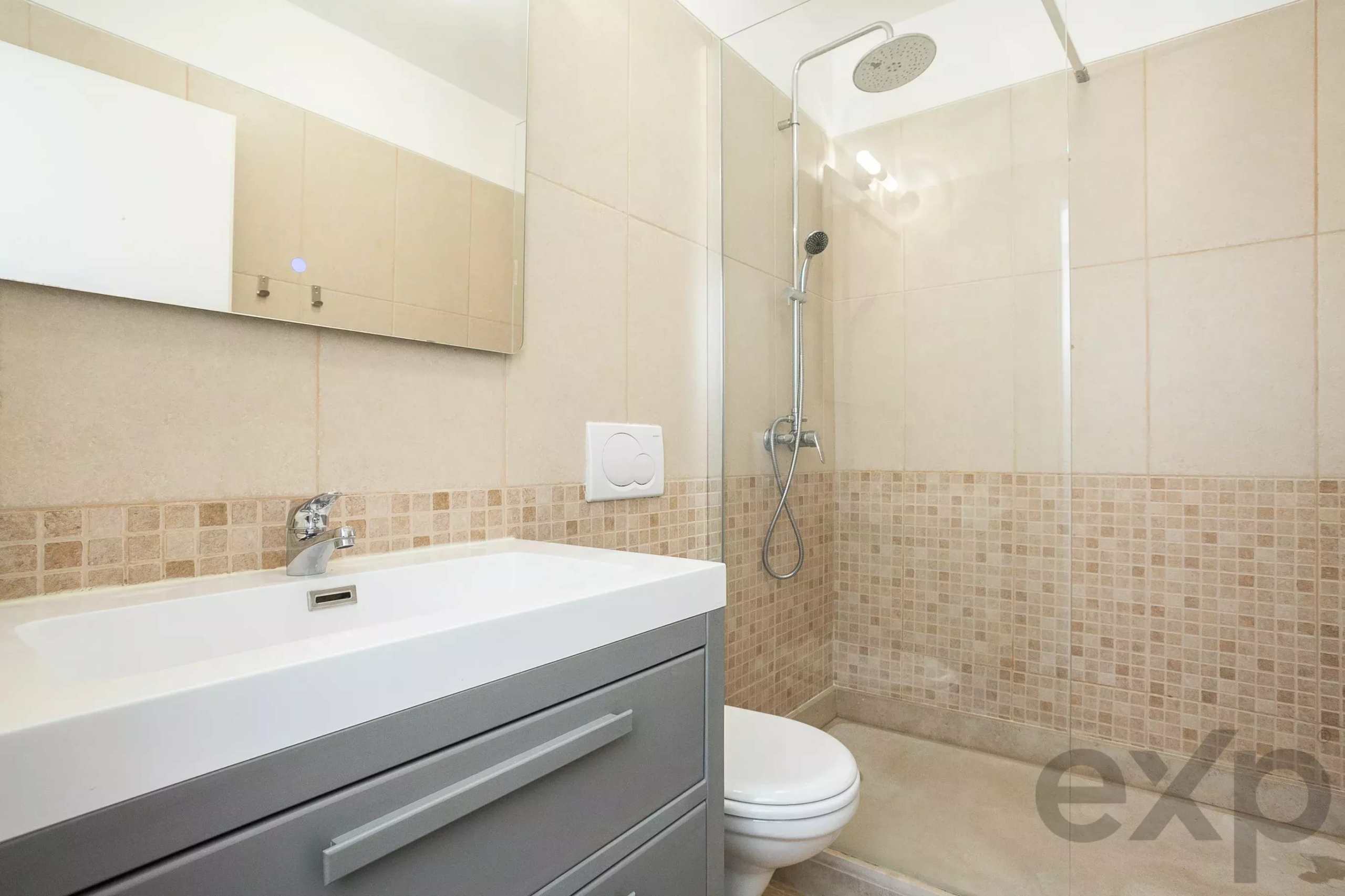 Modern bathroom with a gray vanity, white sink, wall mirror, and a glass shower enclosure with a rain shower head and handheld showerhead.