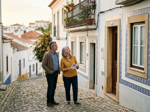 Older expat couple exploring an azulejo-tiled street in Lagos, Western Algarve, on a property viewing