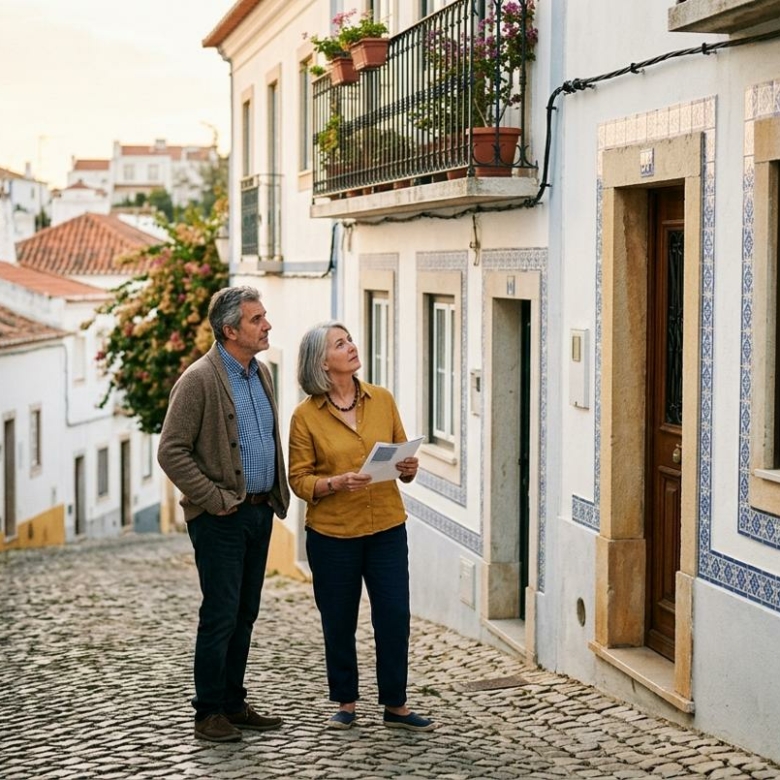 Couple d'expatriés âgés explorant une rue carrelée d'azulejos à Lagos, dans l'ouest de l'Algarve, lors d'une visite de propriété.