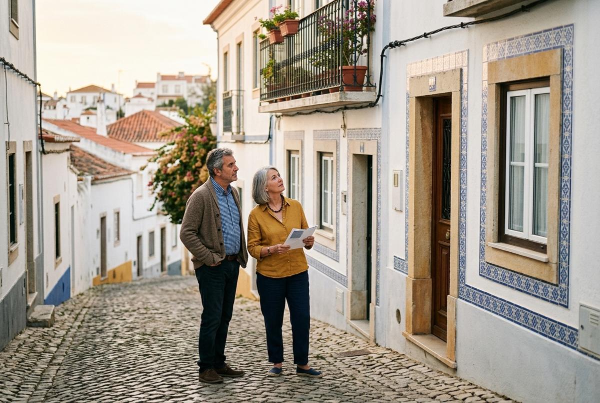 Older expat couple exploring an azulejo-tiled street in Lagos, Western Algarve, on a property viewing