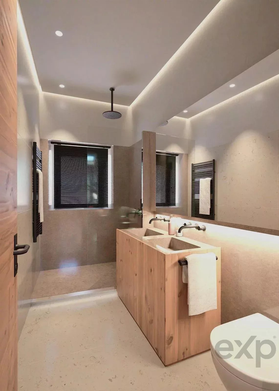 Modern bathroom with a double-sink wood vanity, wall-mounted taps, and black heated towel rails; neutral tiled walls and ceiling lighting.