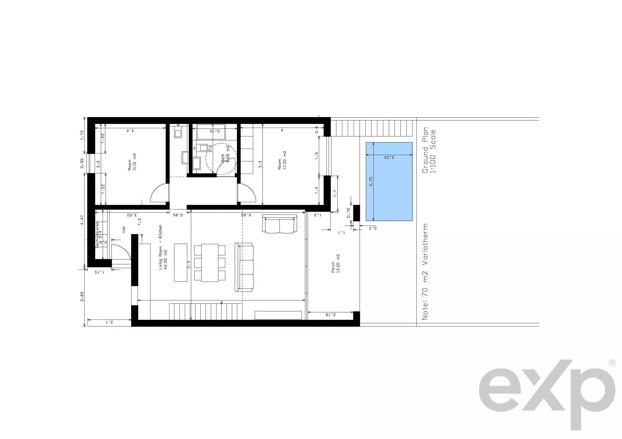 Floor plan of a house showing rooms, stairs, kitchen, living area, and a blue outdoor pool on the right side.