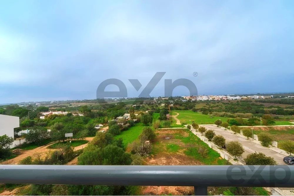 View from a balcony: green fields, scattered trees, a winding path, and a distant town on the horizon under a cloudy blue sky.