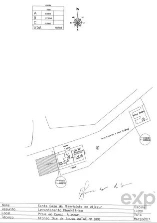 Cadastral site plan showing a cross-hatched parcel, nearby streets, a north arrow, and a scale; includes a legend and signature area.