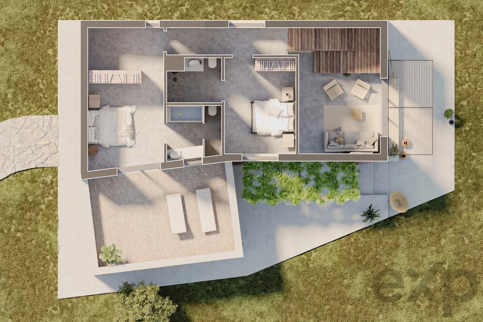 Top-down 3D floor plan of a single-story home showing two bedrooms, a living area, kitchen, two bathrooms, and a large outdoor patio area.