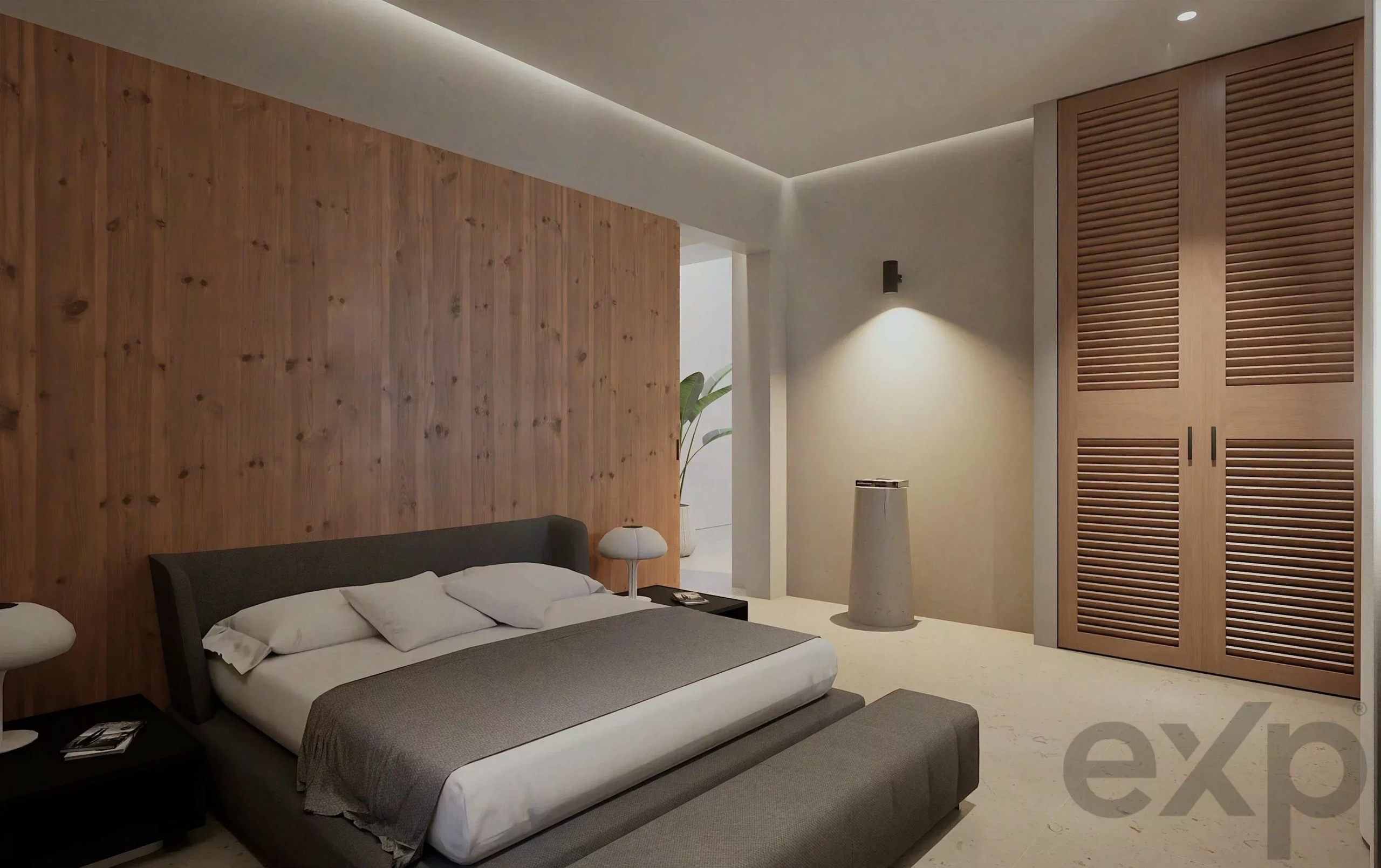 Modern hotel bedroom with a wood-paneled accent wall, two low Platform beds and gray bedding.