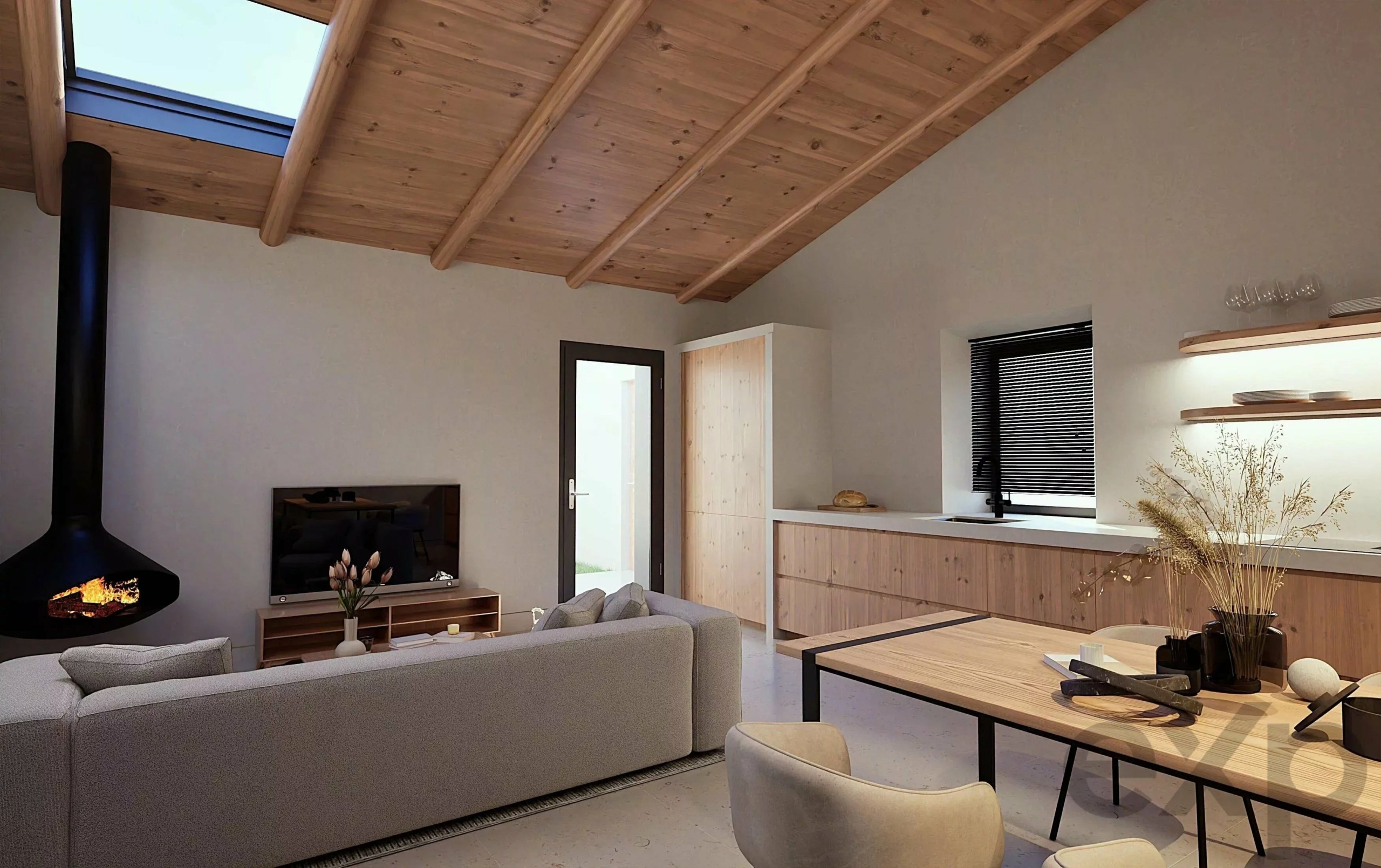 Open-plan living area with a vaulted wooden beam ceiling, skylight, black fireplace, TV, and light wood cabinetry.