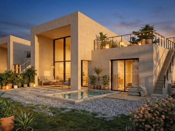 Modern white villa with glass doors, patio seating, and a rooftop terrace lit by string lights at dusk, next to a pool.
