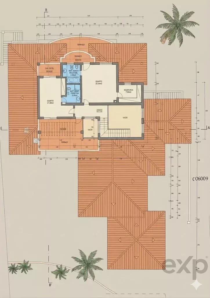 Top-down architectural floor plan of a house, showing rooms, terraces, stairs, and orange roof sections with landscaping at the bottom edge.