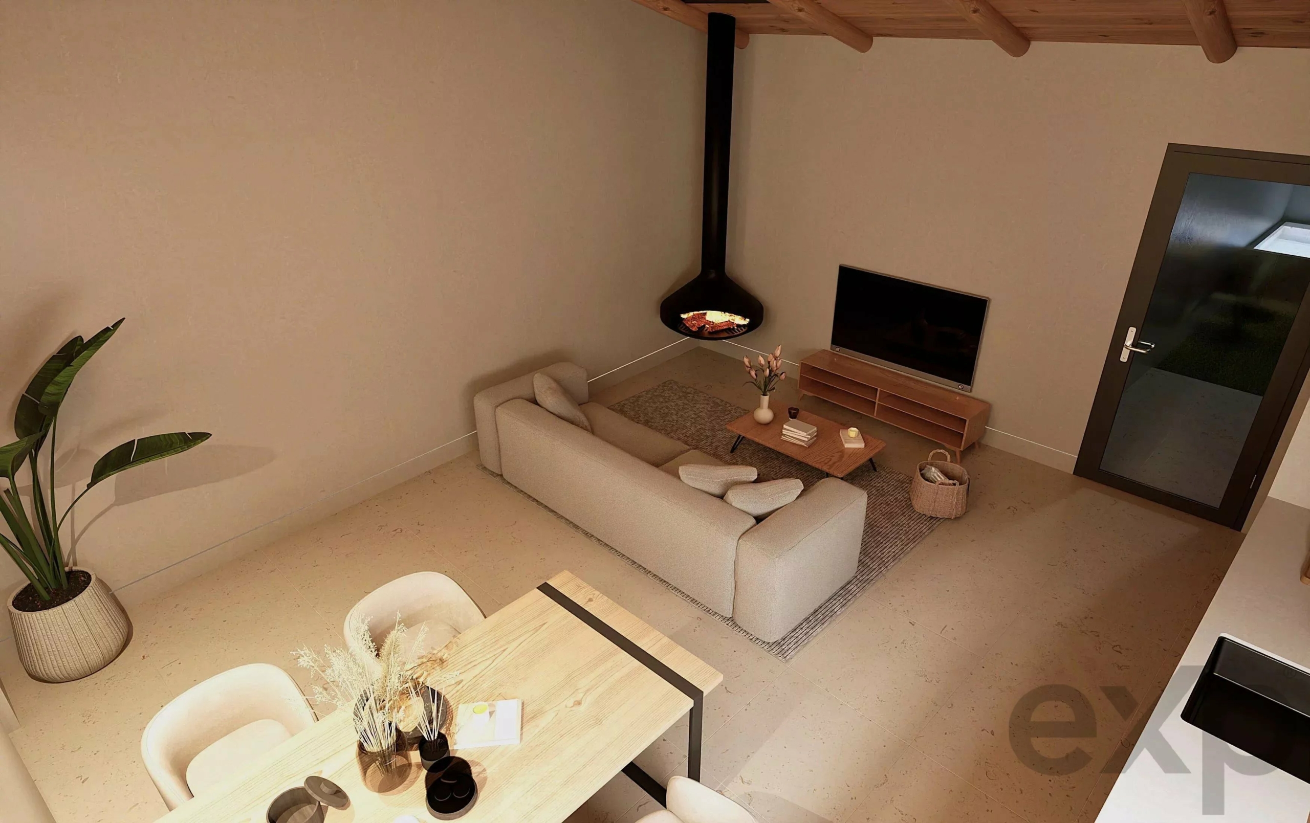 Cozy living room with a hanging fireplace, beige sofa, wooden coffee table, and a TV on a low console.