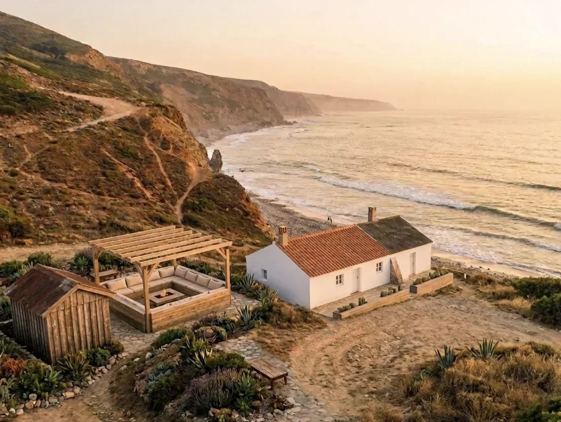 Coastal hillside with a white cottage and red tile roof overlooking the sea at sunset; a wooden pergola seating area and a small shed nearby surrounded by succulent plants.