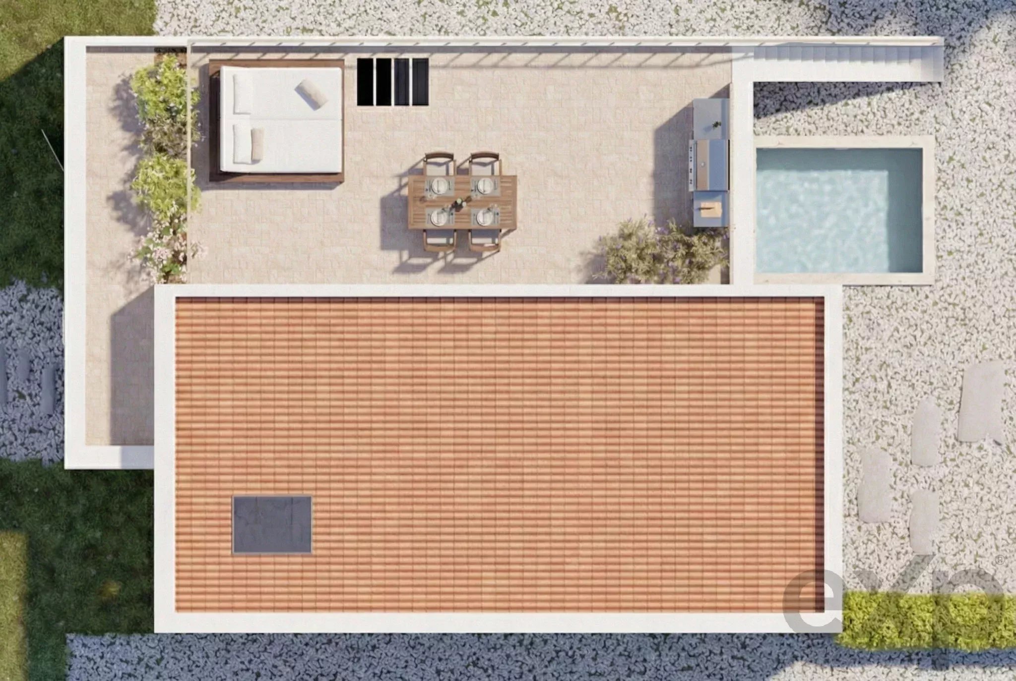Top-down view of a modern house exterior: a tiled patio with a dining table and four chairs, outdoor sofa, and a rectangular pool along the right edge, surrounded by gravel and landscaping.