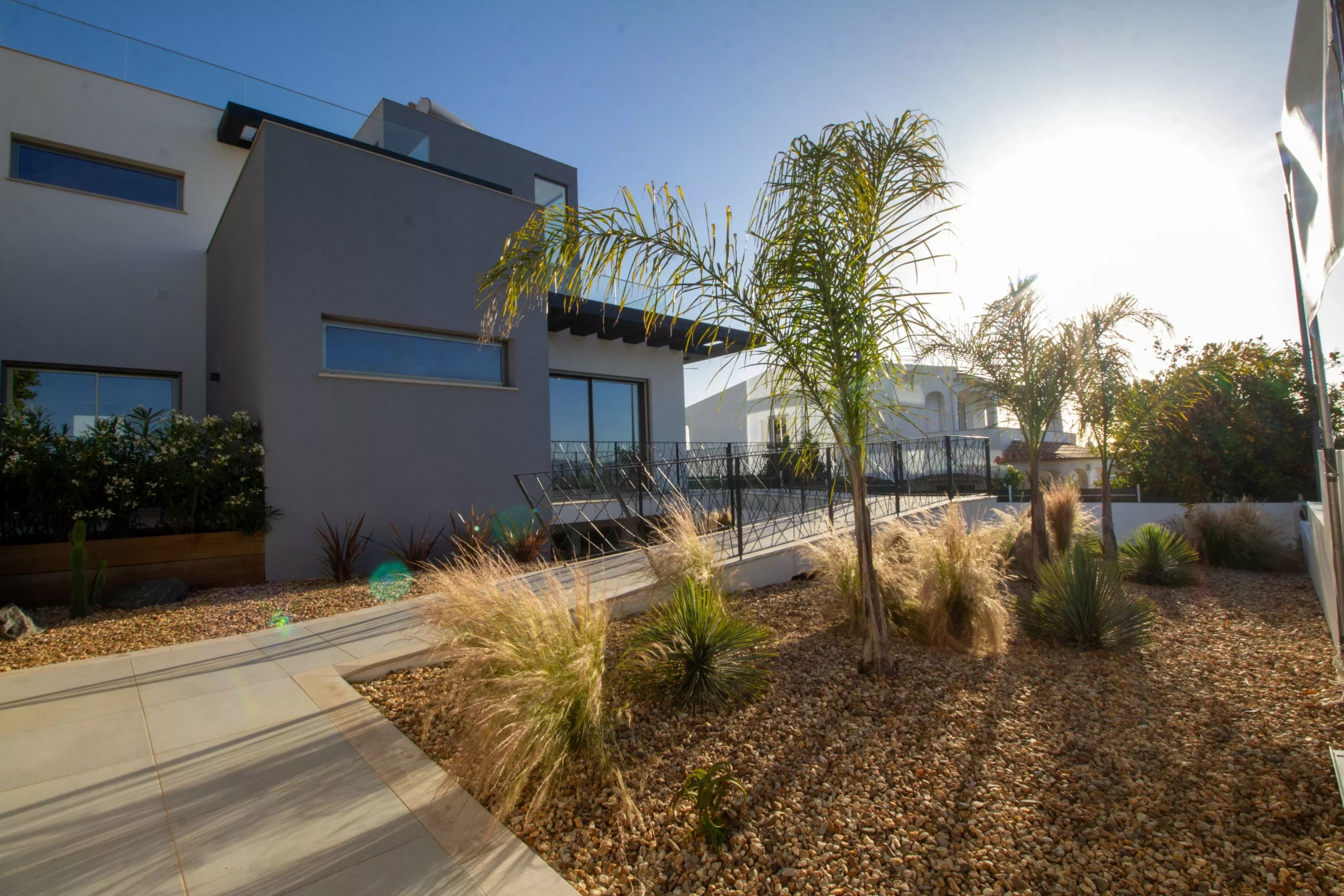 Modern two-story house with gray and white walls, large windows, and a desert-style front yard with palms and gravel.