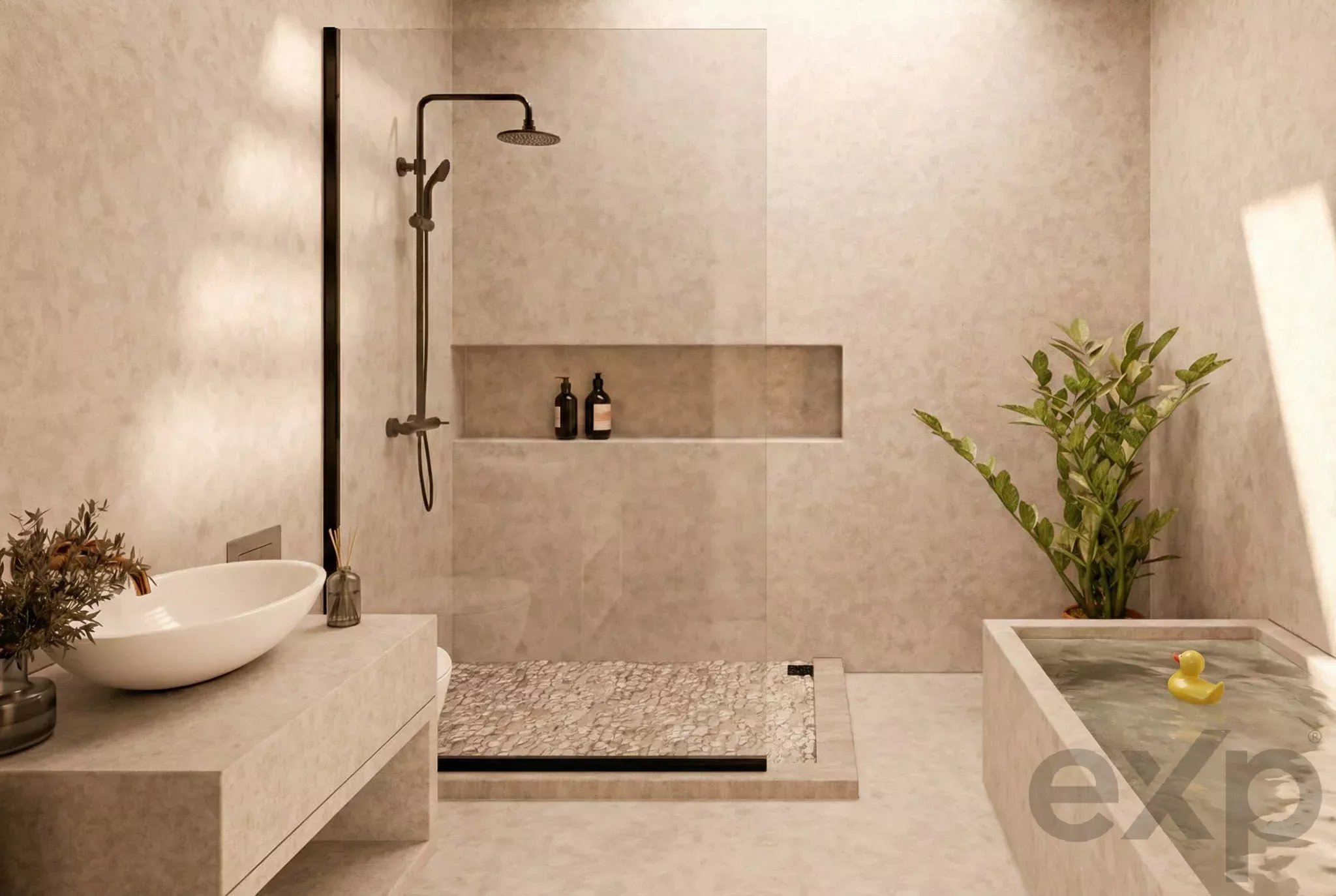 Modern beige marble bathroom with open shower, rainfall head, and built-in niche holding bottles; leafy plant visible on right.