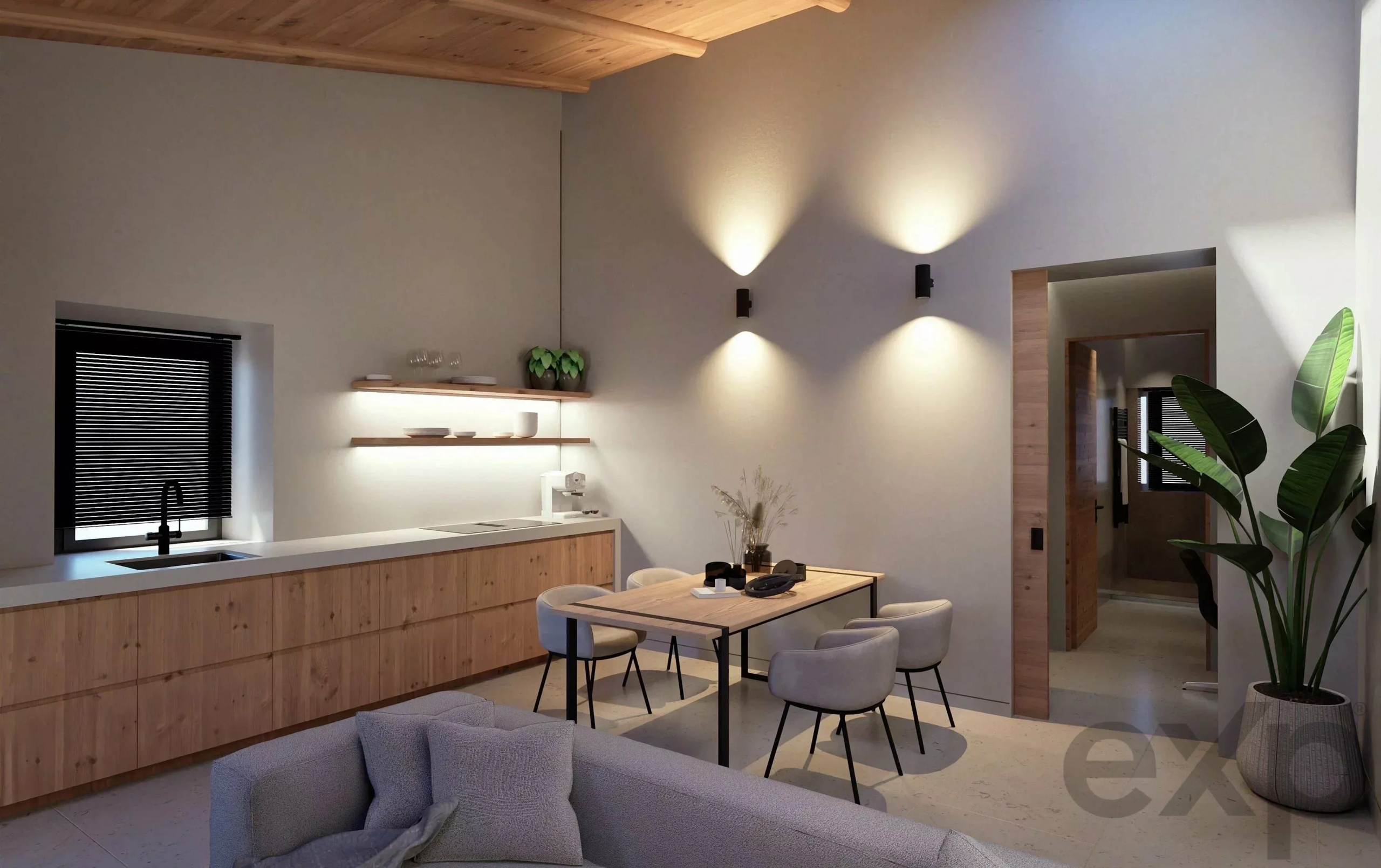 Open-plan kitchen and dining area with light wood cabinetry, a long island, white countertops, and wall shelves displaying dishes and a plant.