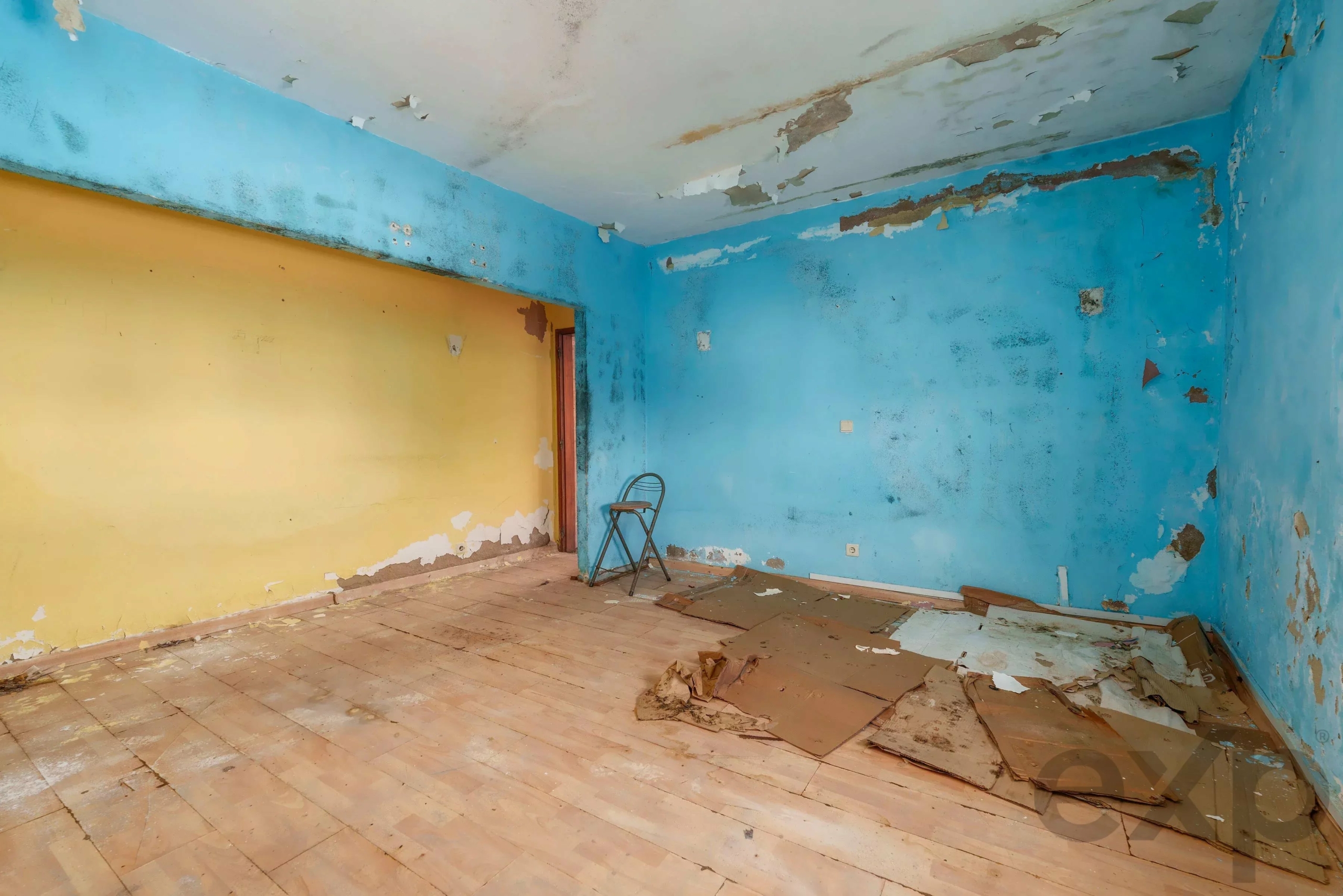 Abandoned room with blue walls and peeling paint, a yellow wall on the left, and a metal chair in the center.