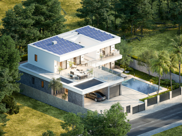 A modern two‑story house with a large flat roof covered in solar panels, glass balconies, and a surrounding green landscape with a pool nearby.