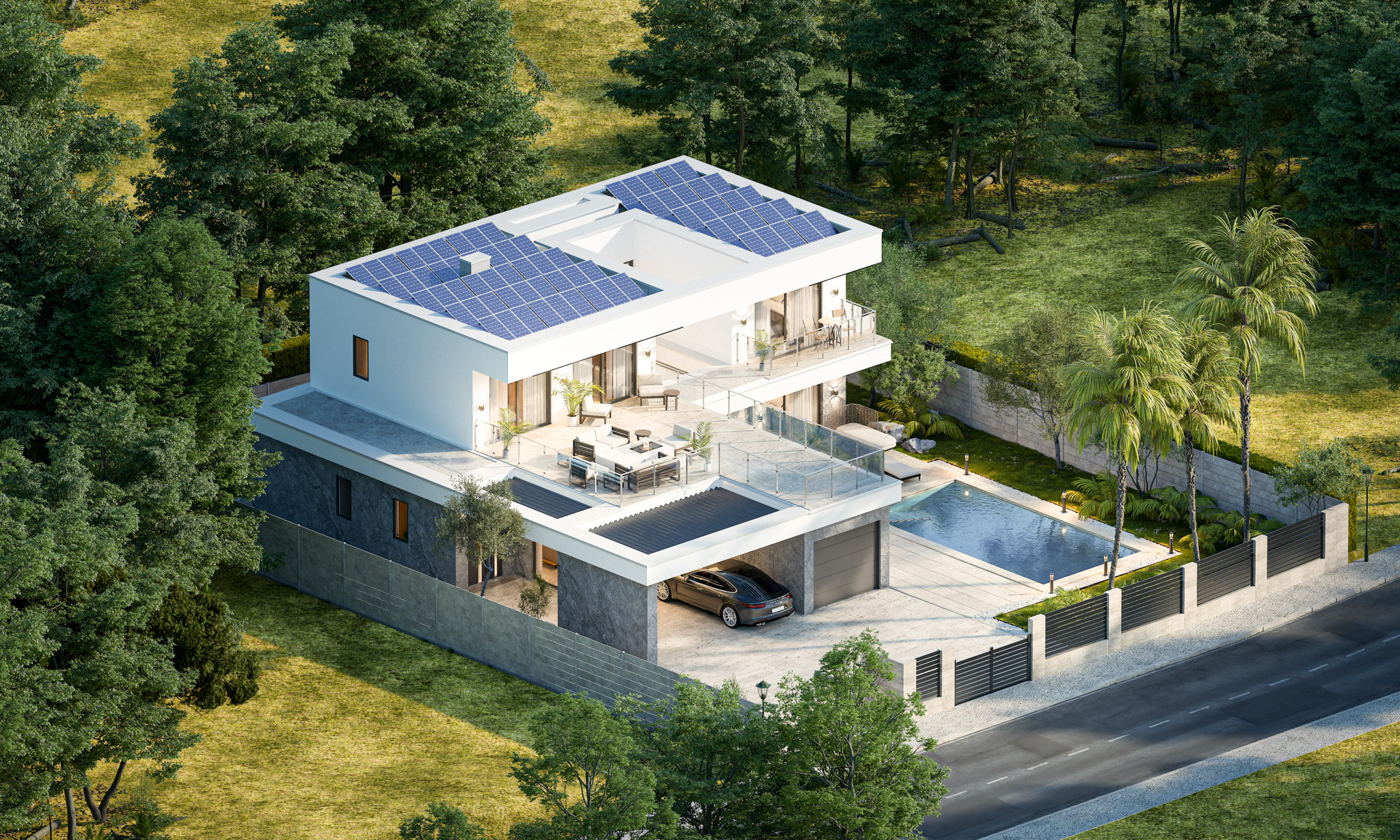 A modern two‑story house with a large flat roof covered in solar panels, glass balconies, and a surrounding green landscape with a pool nearby.