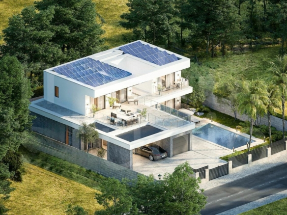Modern two-story house with a solar panel roof, white exterior, and glass balconies set in a landscaped yard with a pool and driveway.