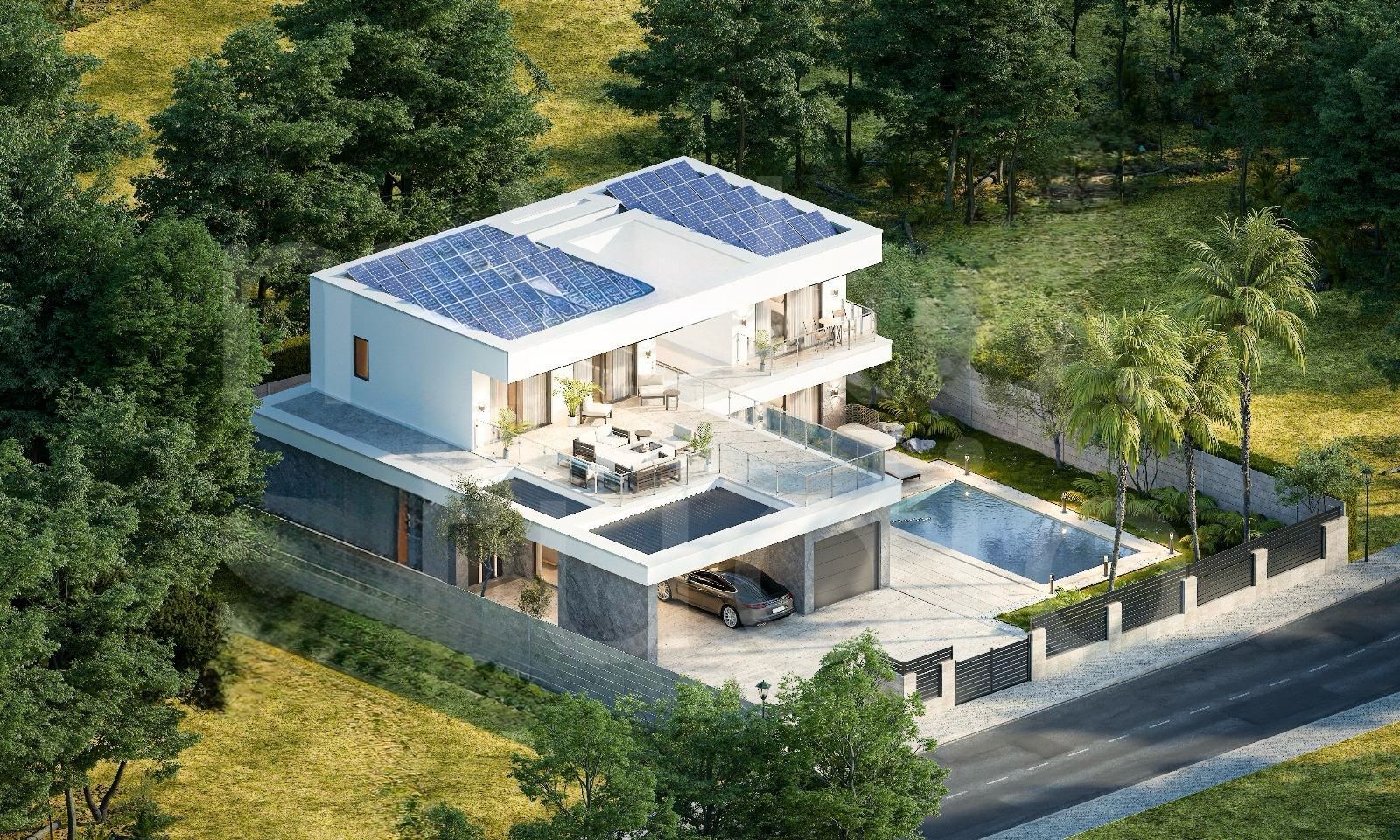 Modern two-story house with a solar panel roof, white exterior, and glass balconies set in a landscaped yard with a pool and driveway.