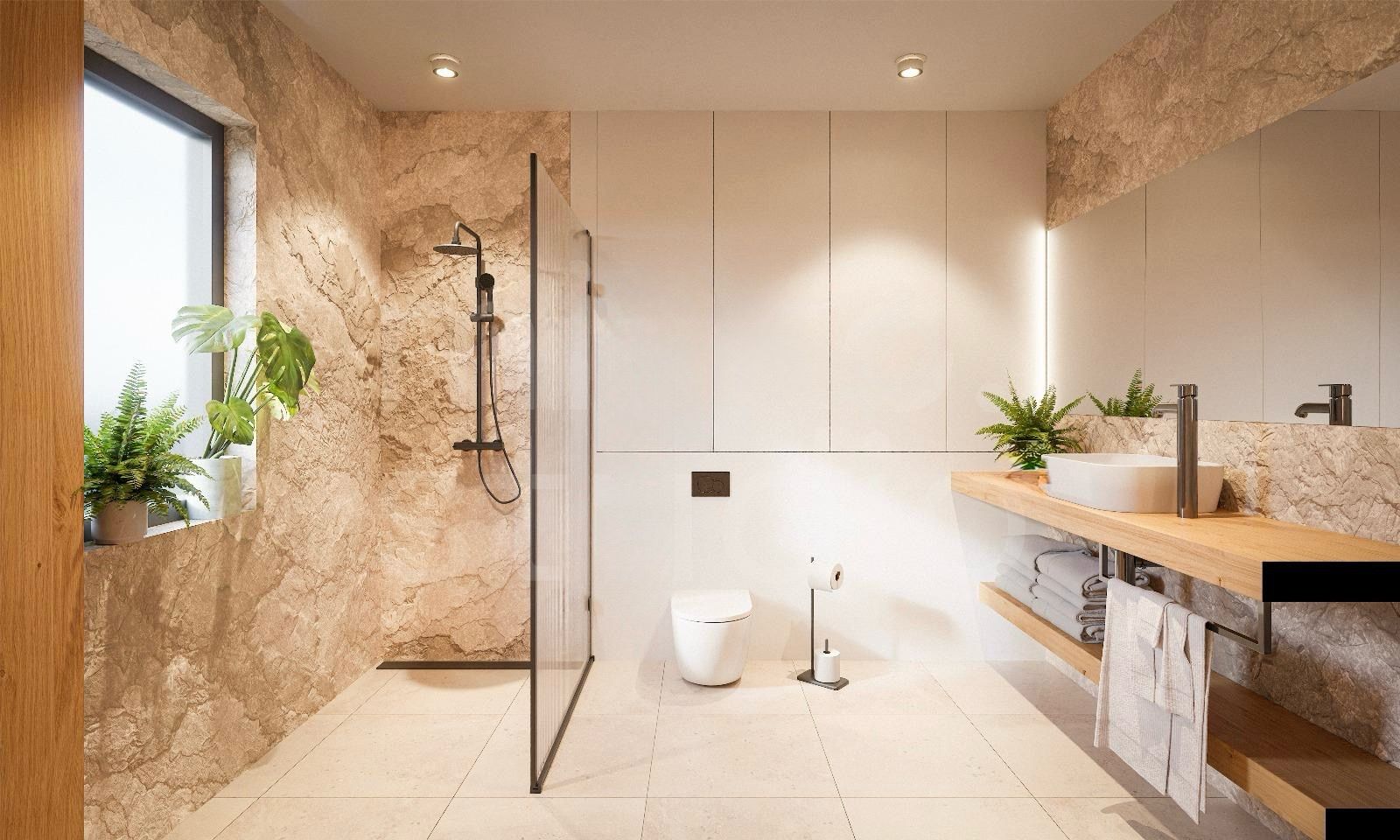 Modern spa-like bathroom with marble-textured walls, glass shower enclosure, wall-hung toilet, and a wooden-shelf vanity with a white vessel sink and towels underneath feel.