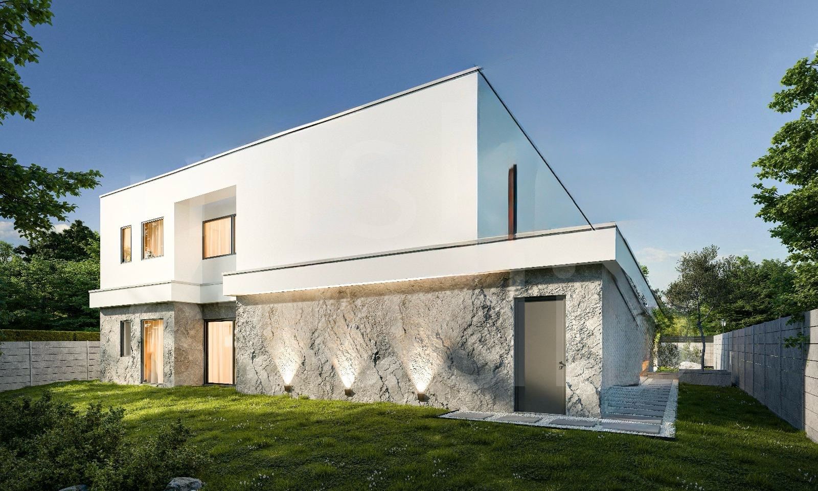 Modern white and stone two-story house with a marble facade and large glass panel on the upper level, set in a green yard under a blue sky.