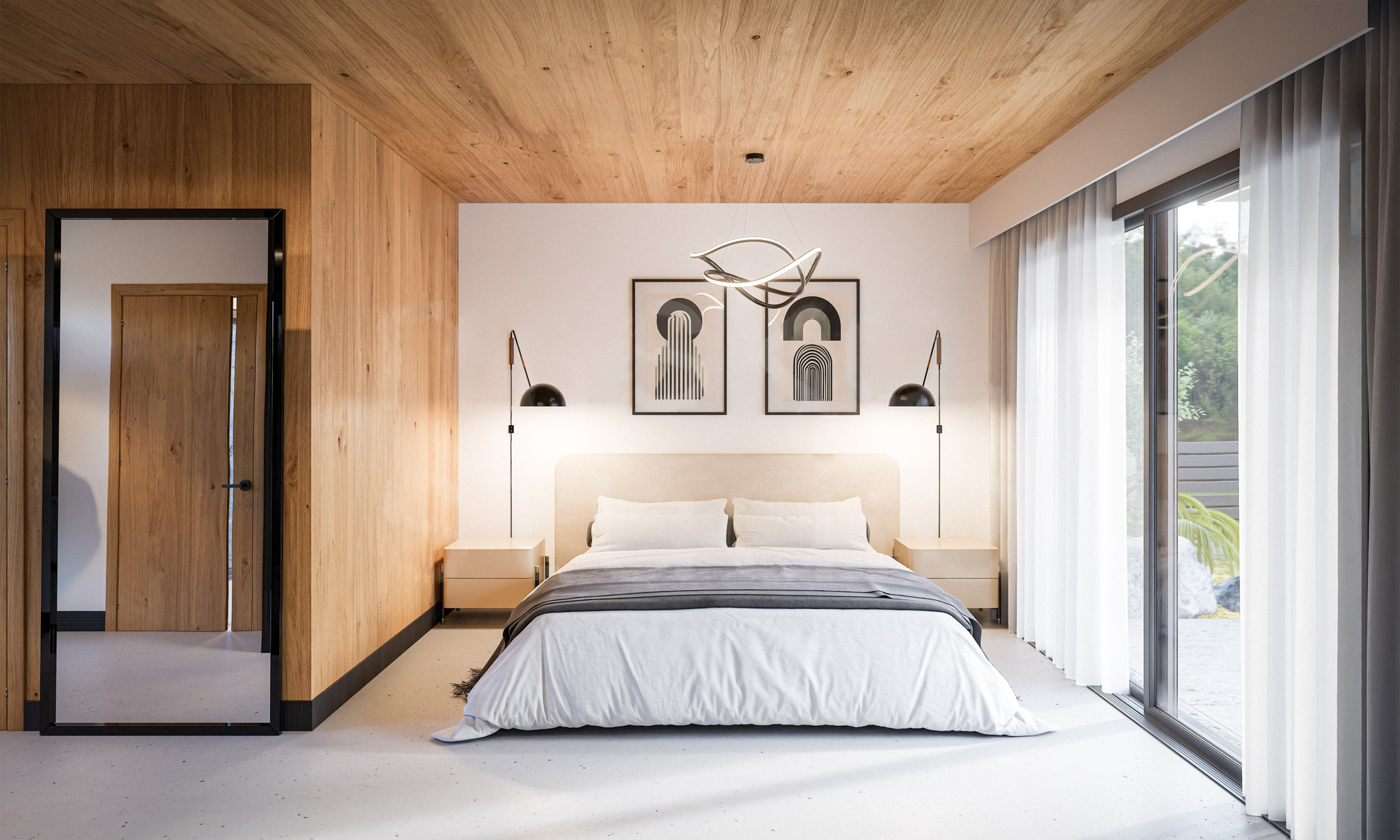 Bedroom with wood-paneled ceiling and walls, white bed, abstract framed art, and large glass doors with sheer curtains