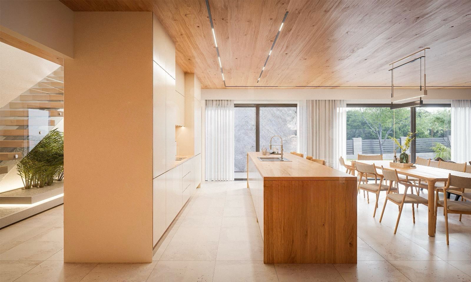 Modern open-concept kitchen and dining area with a long wooden island, white cabinets, and a timber ceiling; large windows with sheer drapes illuminate the space.