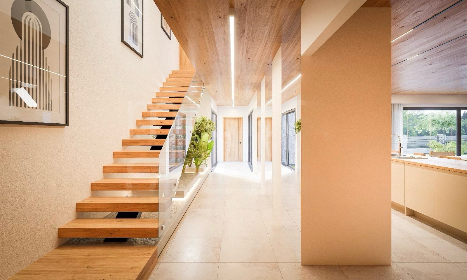 Bright, modern hallway with a floating wooden staircase along a glass railing, green plants, and a sunlit kitchen area to the right.
