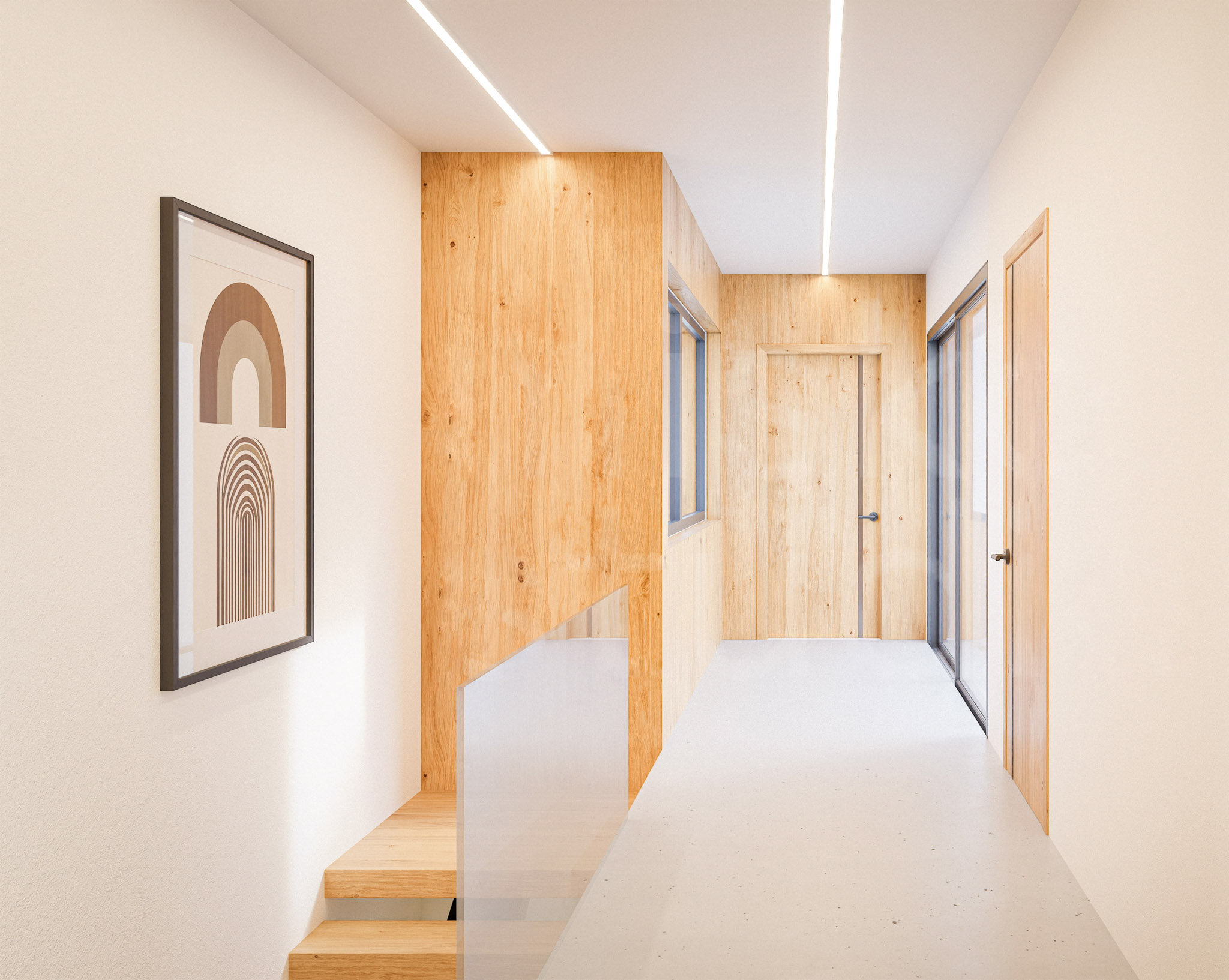 Long, light-filled hallway with wooden panel walls, a glass railing, and framed geometric art on the left wall.