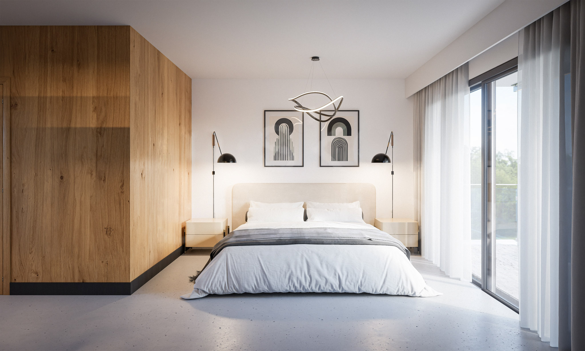 Modern bedroom with a low white bed, beige headboard, wooden wall on the left, two black wall lamps, abstract framed art above the bed, and large windows with sheer curtains on the right.
