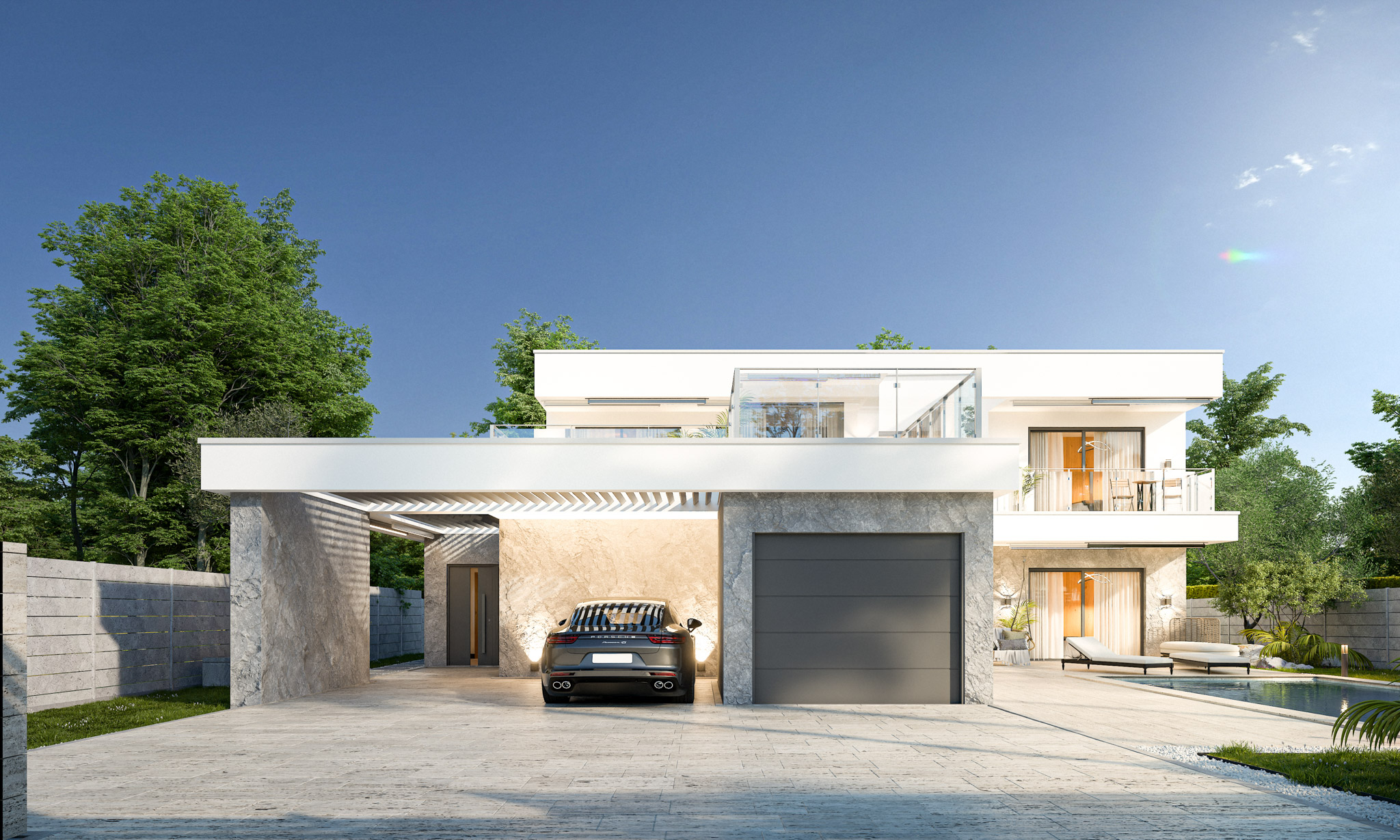 Modern two-story house with white facade, gray stone accents, and a wide driveway; a black sports car is parked in the open garage beneath a pergola.
