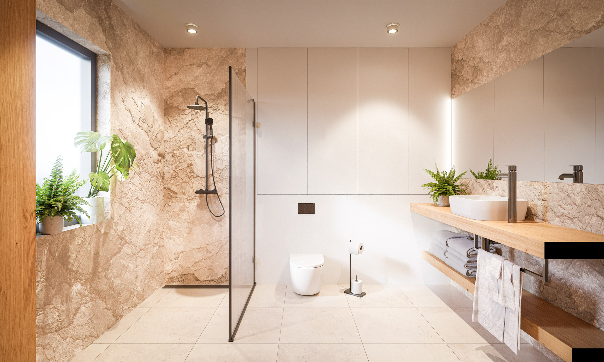 Modern bathroom with a glass-walled shower, terrazzo walls, white cabinetry, and wooden open shelves with towels and plants nearby.