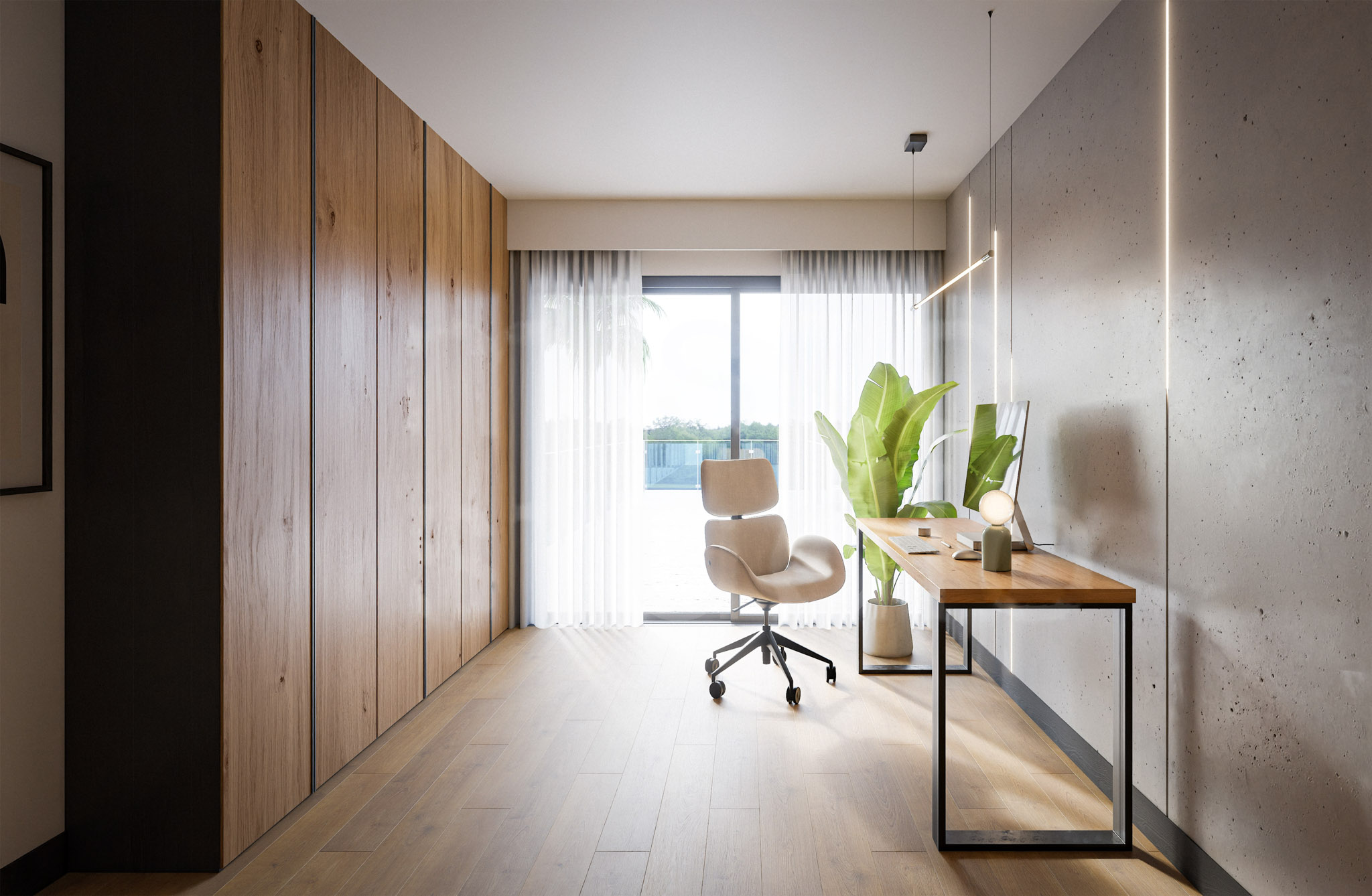 Modern home office with wooden wall panels on the left, concrete wall on the right, and a wooden desk with a beige swivel chair.