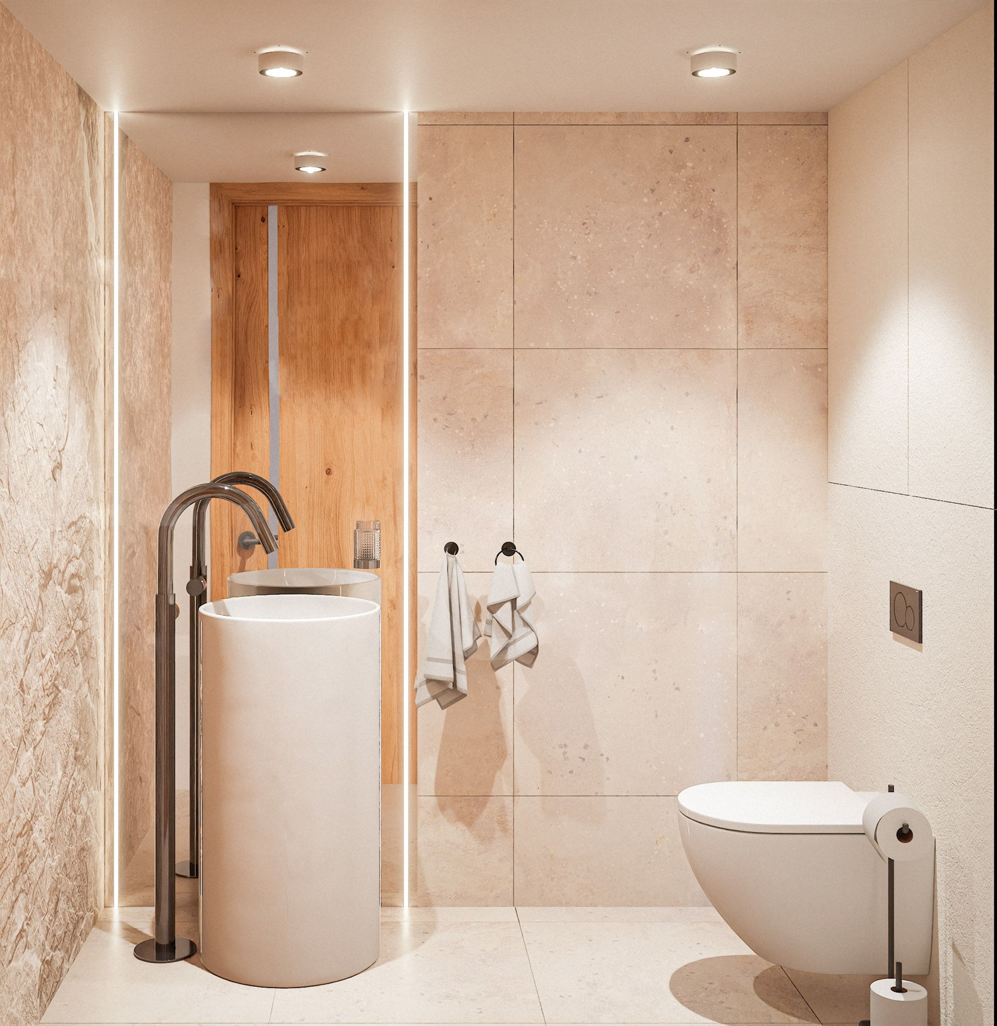 Modern bathroom with double vessel sinks, tall chrome faucet, beige tile walls, and a wooden door.