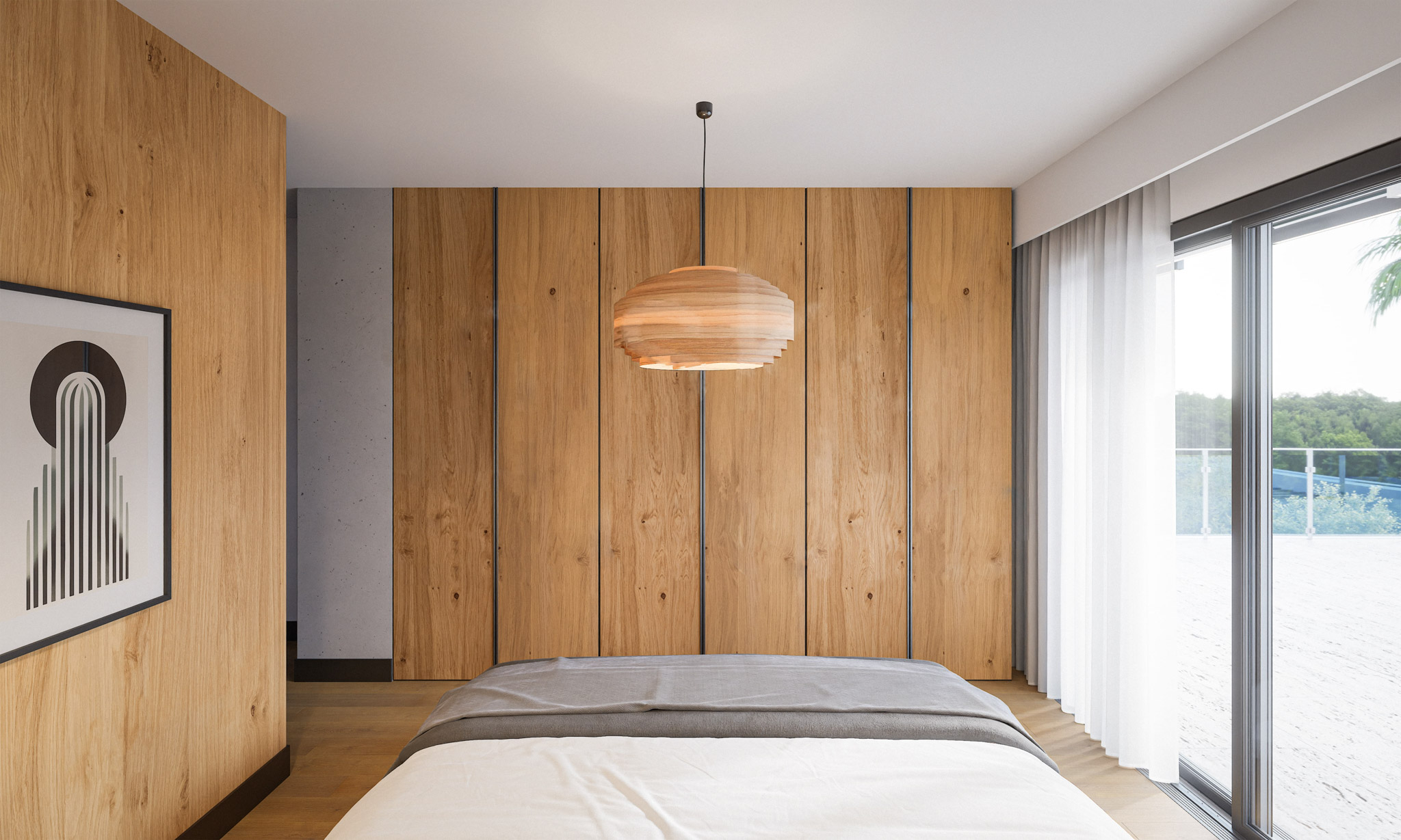 Bedroom with wooden built-in wardrobes across the back wall, a layered wood pendant light, and a bed in the foreground.