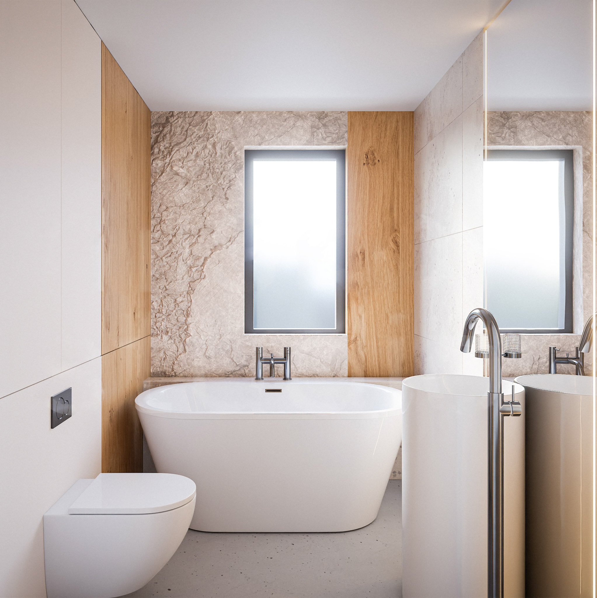 Modern bathroom with a white freestanding bathtub surrounded by wood panels and marble walls, chrome fixtures visible near the sink area