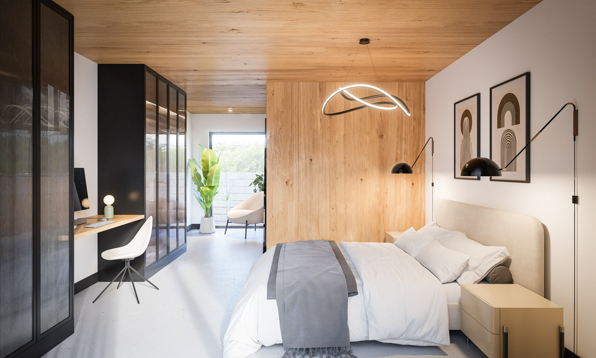 Modern bedroom with a wood-paneled ceiling, bed on the right, and minimalist black arc lamps and framed geometric art on the wall.