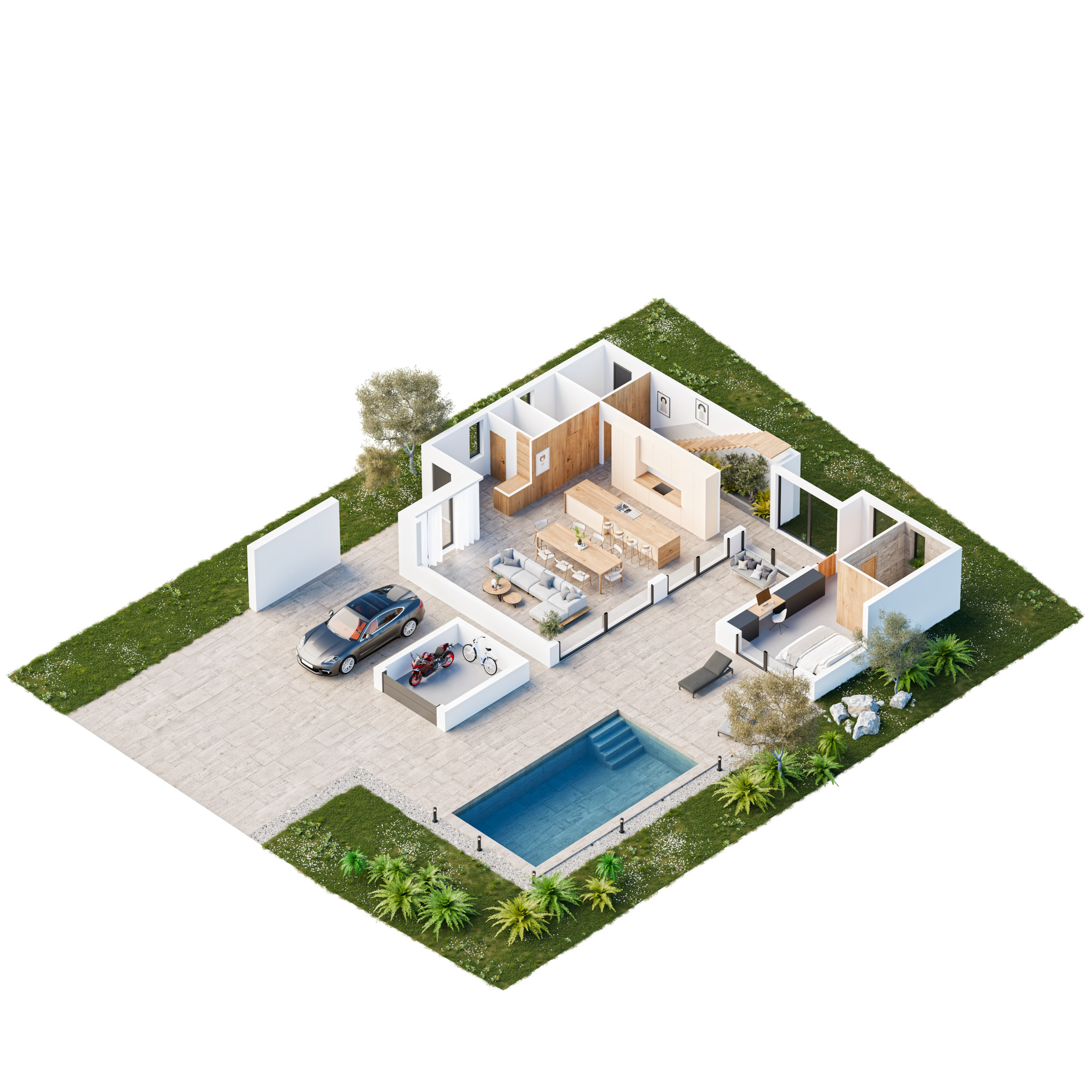 Isometric view of a modern open-plan home showing living, dining, kitchen areas, with a driveway and outdoor pool area nearby.