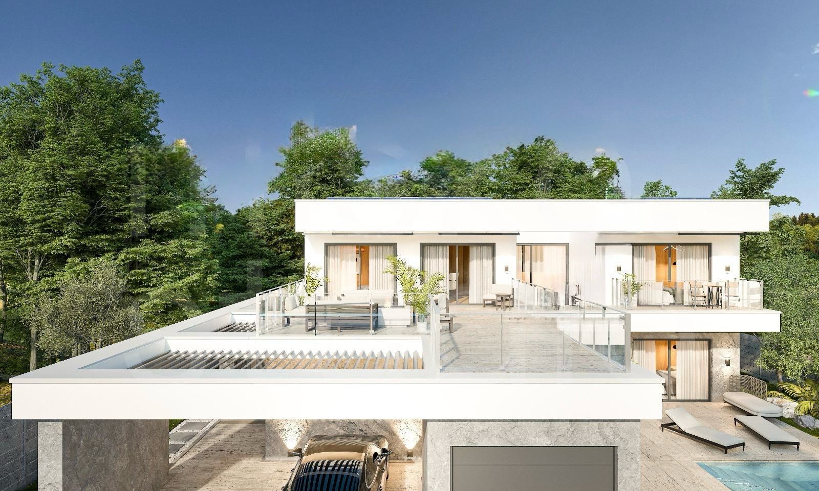 Modern white two‑story home with glass-railed rooftop terrace and outdoor seating among green trees